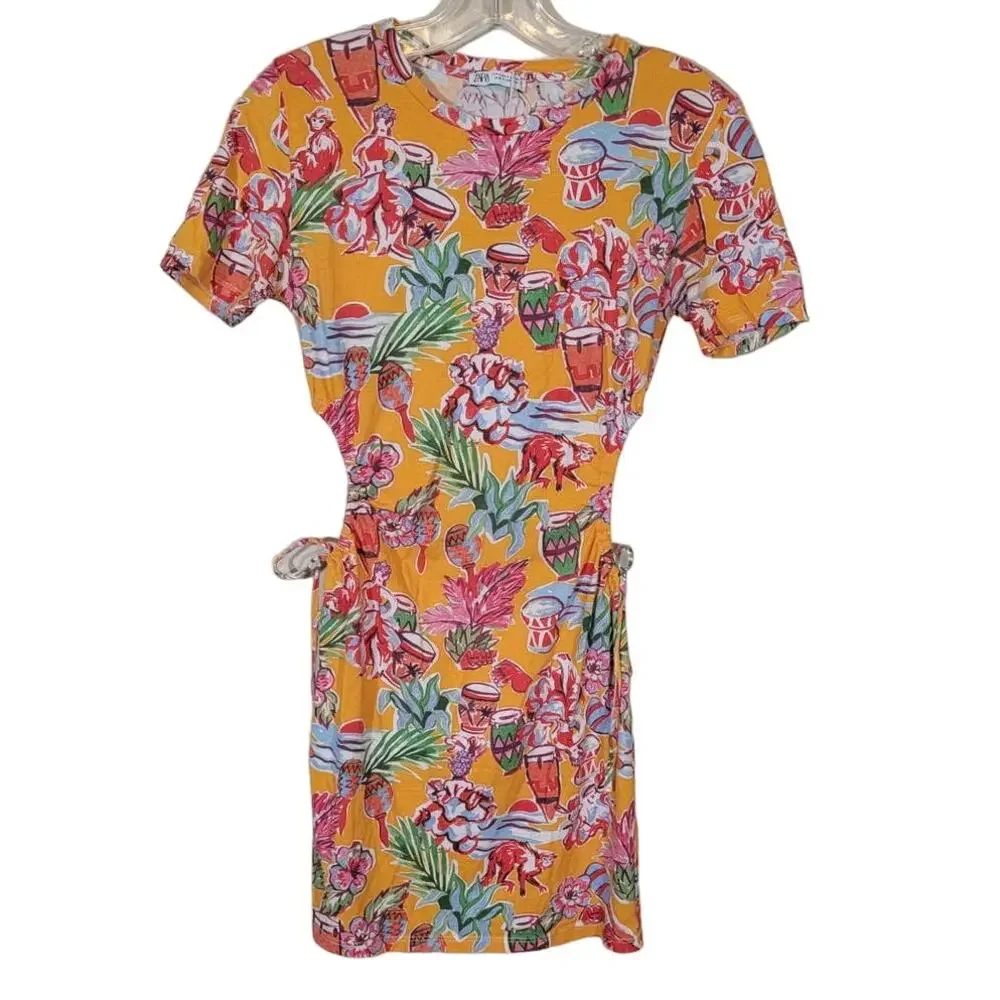 Zara Yellow Tropical Floral Print Mini Dress - Picture 1 of 8